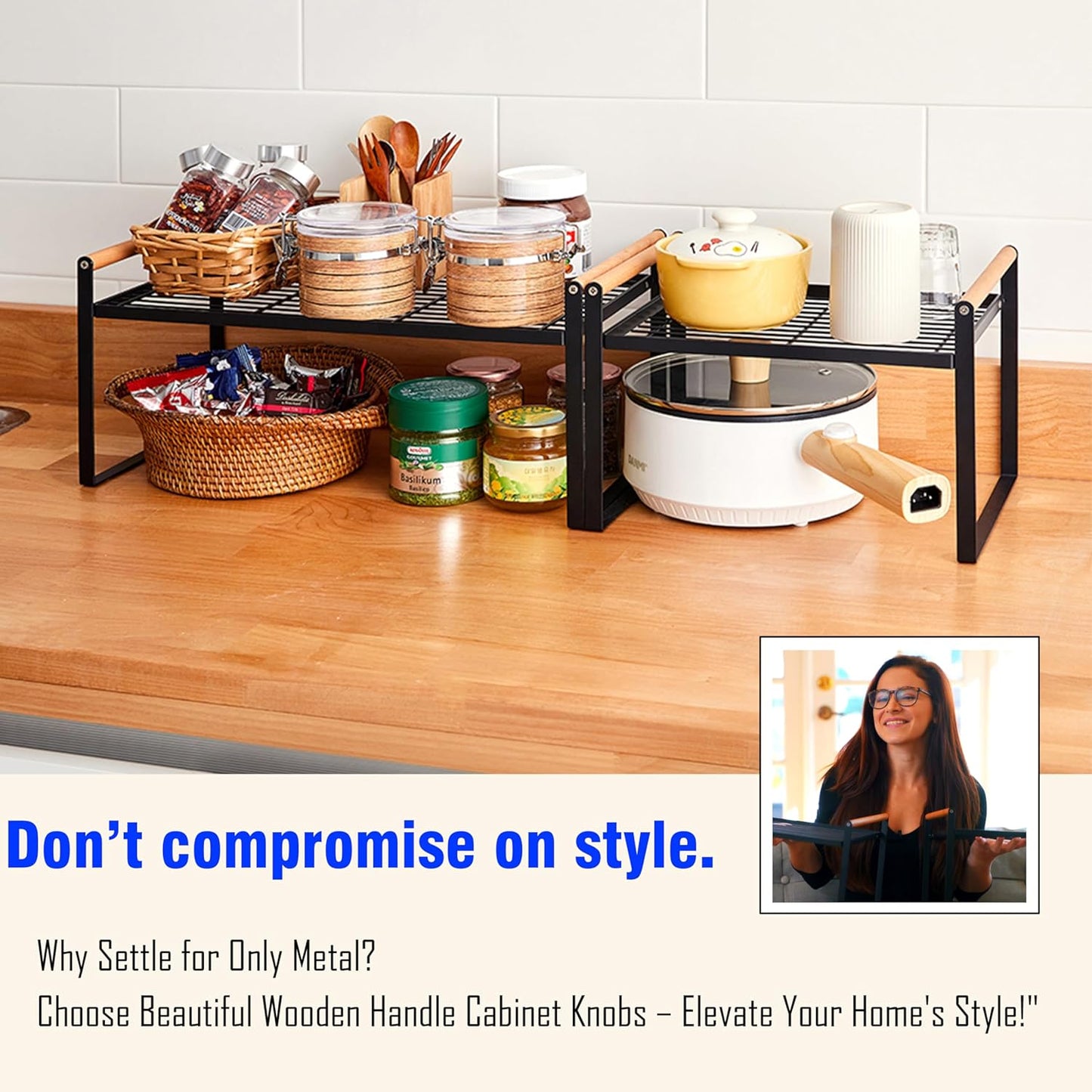 2-Pack Stackable Organizer Set-Versatile Storage Solution for Cabinets and Countertops-Kitchen and Pantry Shelf, Spice Rack - Space-Saving Design-Metal Wire-Black