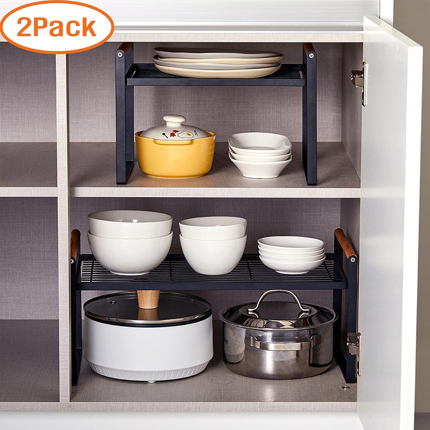 2-Pack Stackable Organizer Set-Versatile Storage Solution for Cabinets and Countertops-Kitchen and Pantry Shelf, Spice Rack - Space-Saving Design-Metal Wire-Black