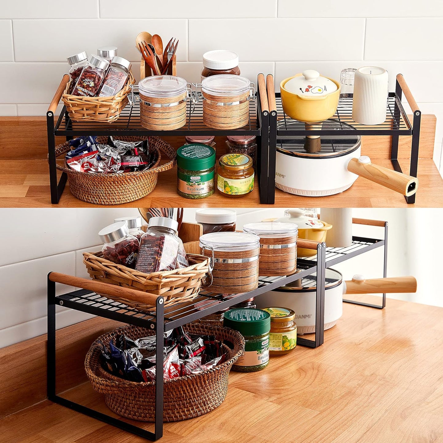 2-Pack Stackable Organizer Set-Versatile Storage Solution for Cabinets and Countertops-Kitchen and Pantry Shelf, Spice Rack - Space-Saving Design-Metal Wire-Black