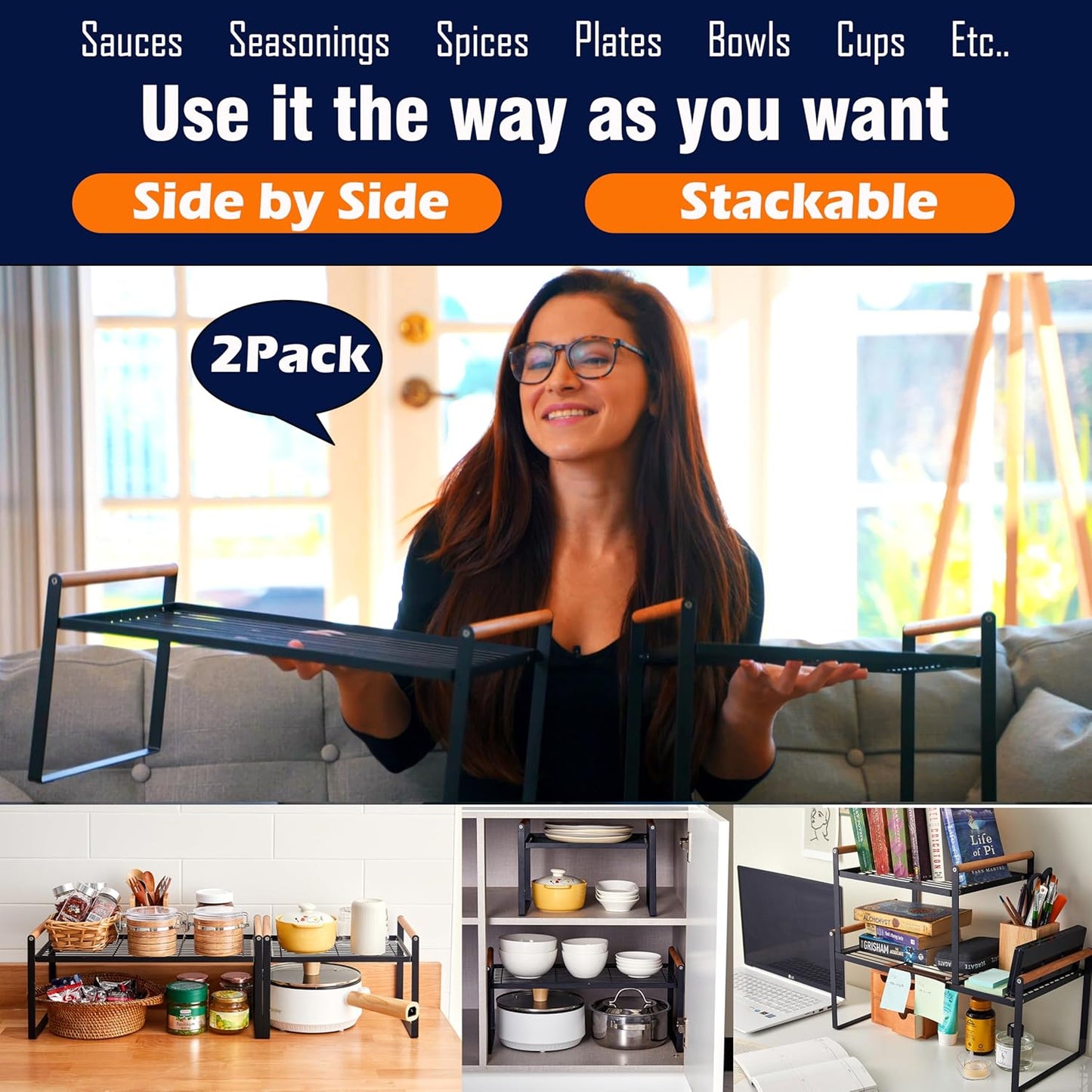 2-Pack Stackable Organizer Set-Versatile Storage Solution for Cabinets and Countertops-Kitchen and Pantry Shelf, Spice Rack - Space-Saving Design-Metal Wire-Black