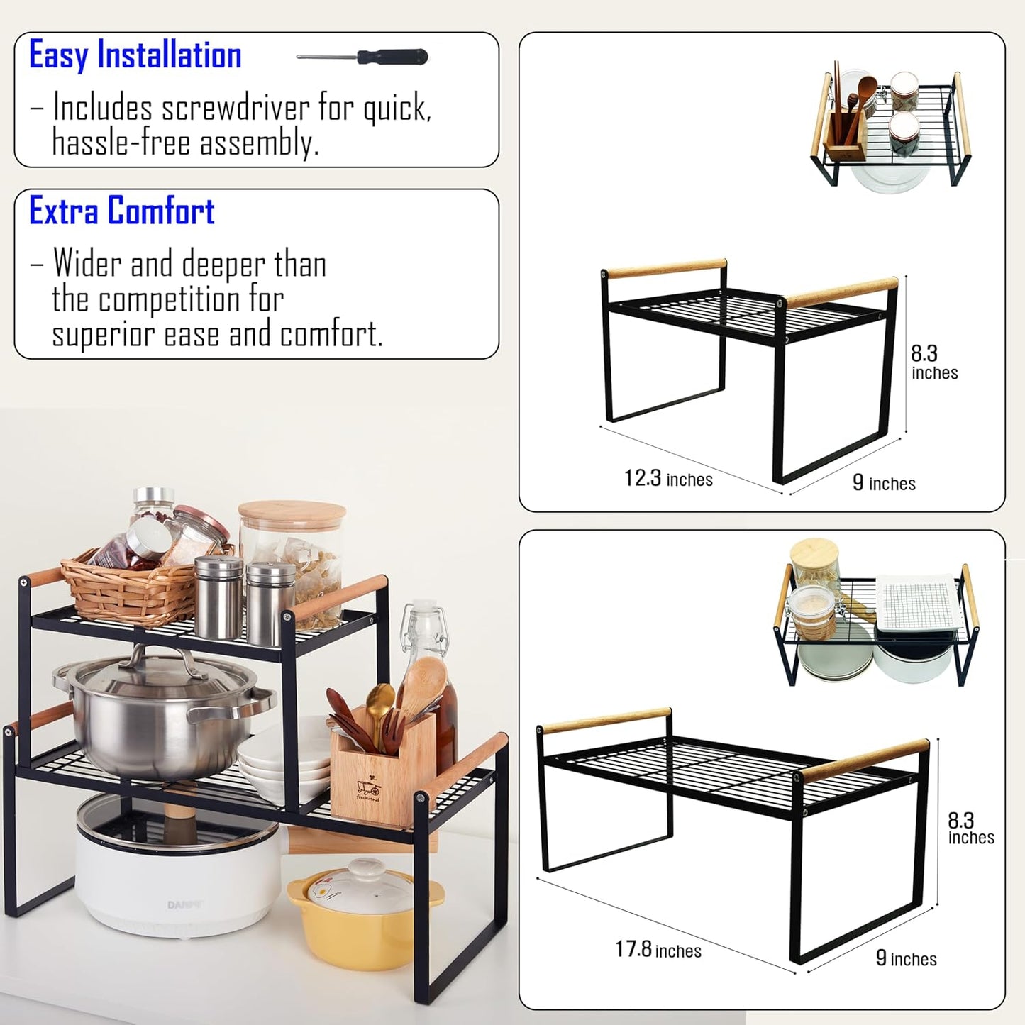 2-Pack Stackable Organizer Set-Versatile Storage Solution for Cabinets and Countertops-Kitchen and Pantry Shelf, Spice Rack - Space-Saving Design-Metal Wire-Black