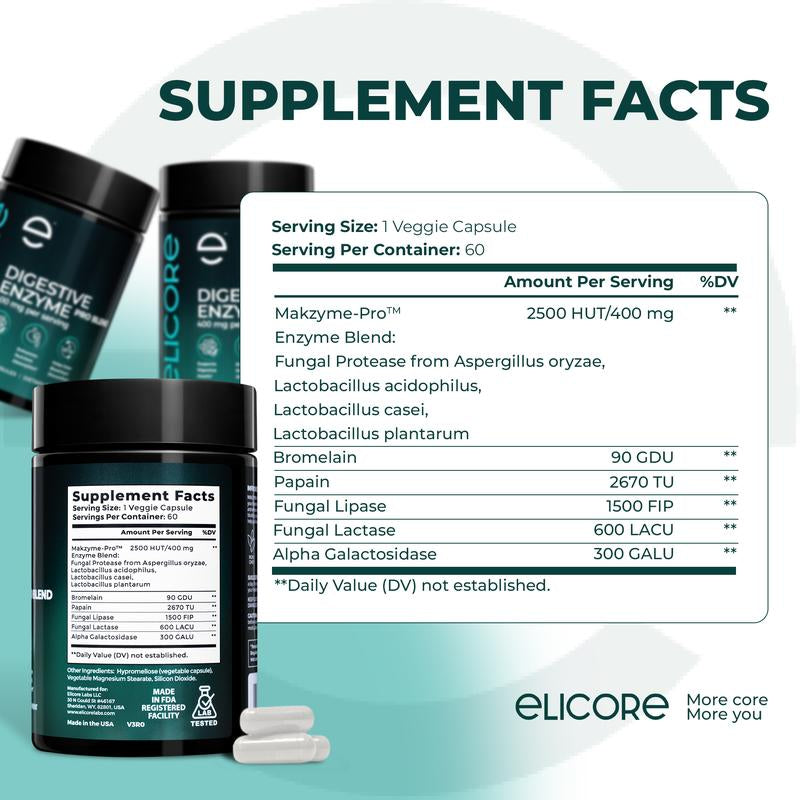 ELICORE Digestive Enzyme Pro Blend – Gut Health Support with Bromelain & Papaya Enzyme – Relieves Gas & Bloating – Gluten-Free – 60 Veg Capsules