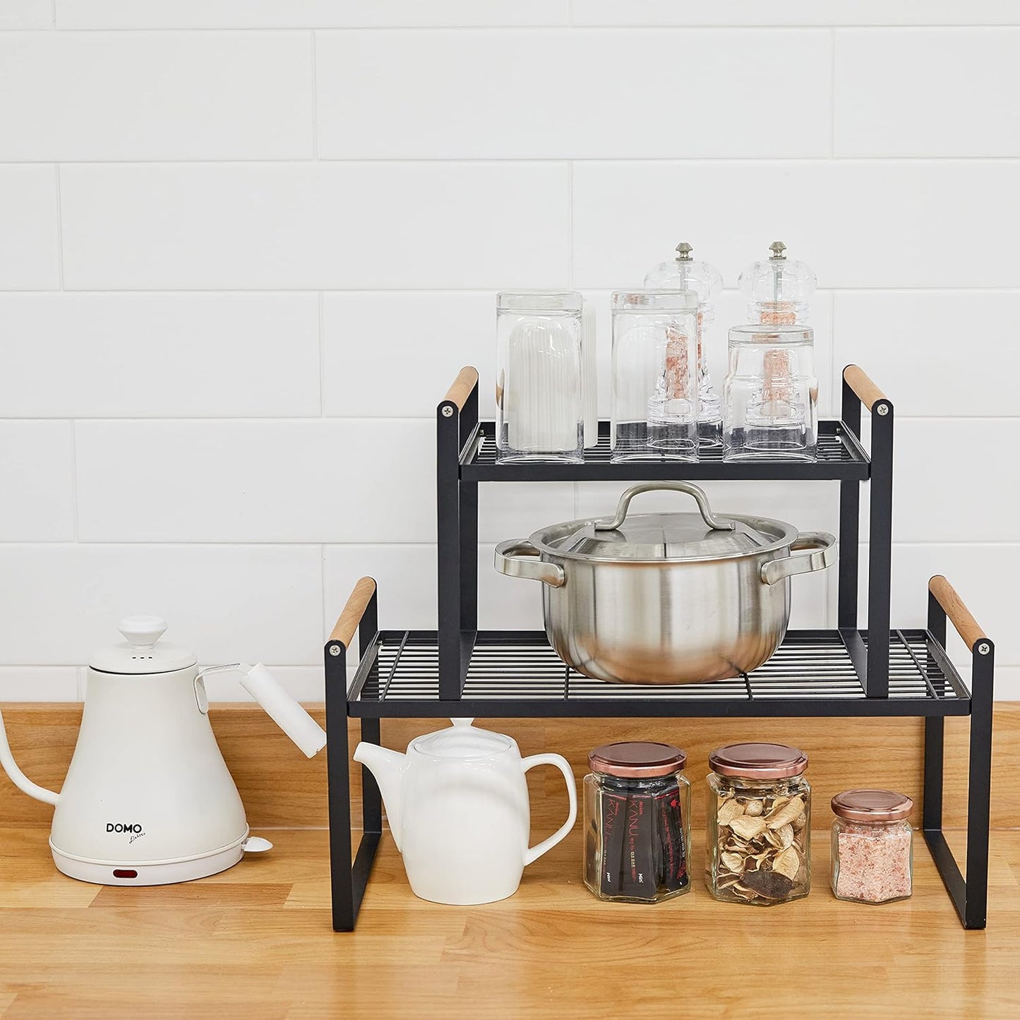 2-Pack Stackable Organizer Set-Versatile Storage Solution for Cabinets and Countertops-Kitchen and Pantry Shelf, Spice Rack - Space-Saving Design-Metal Wire-Black