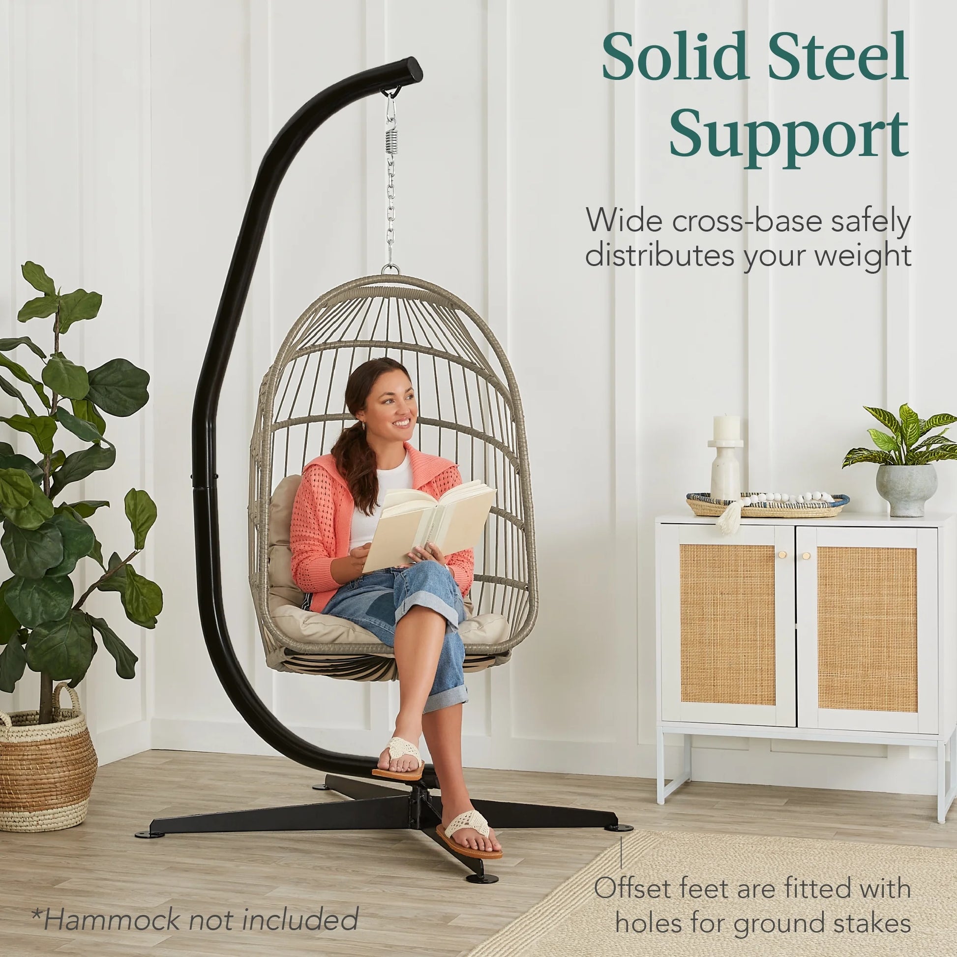 Metal Hammock Chair C-Stand – Heavy-Duty Hanging Stand with Offset Base, Weather-Resistant Finish, Black (Stand Only)