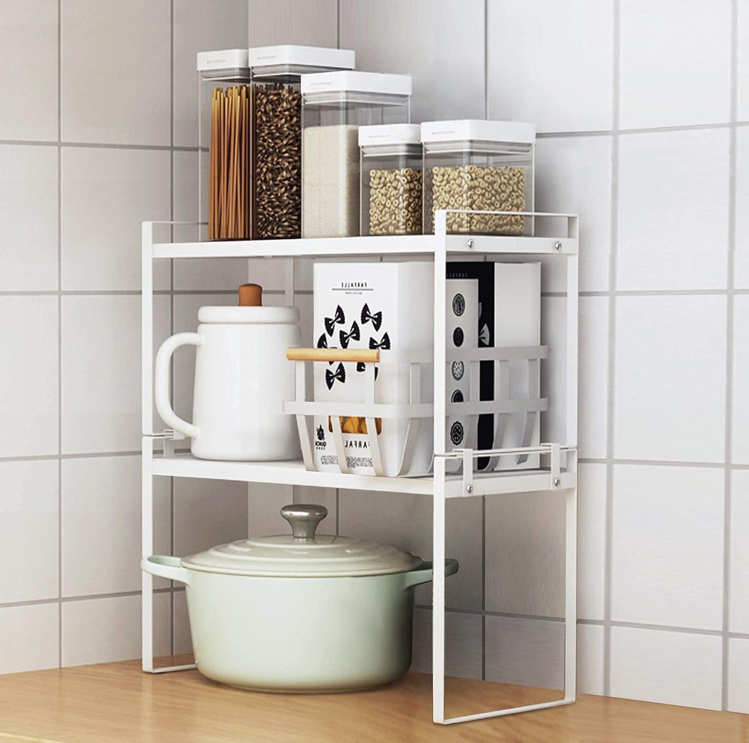 2-Pack Stackable Steel Frame Shelf Organizer for Kitchen Cabinets, Pantry, Bathroom, Bedroom, and Office - Rust-Resistant and Non-Slip Design in White