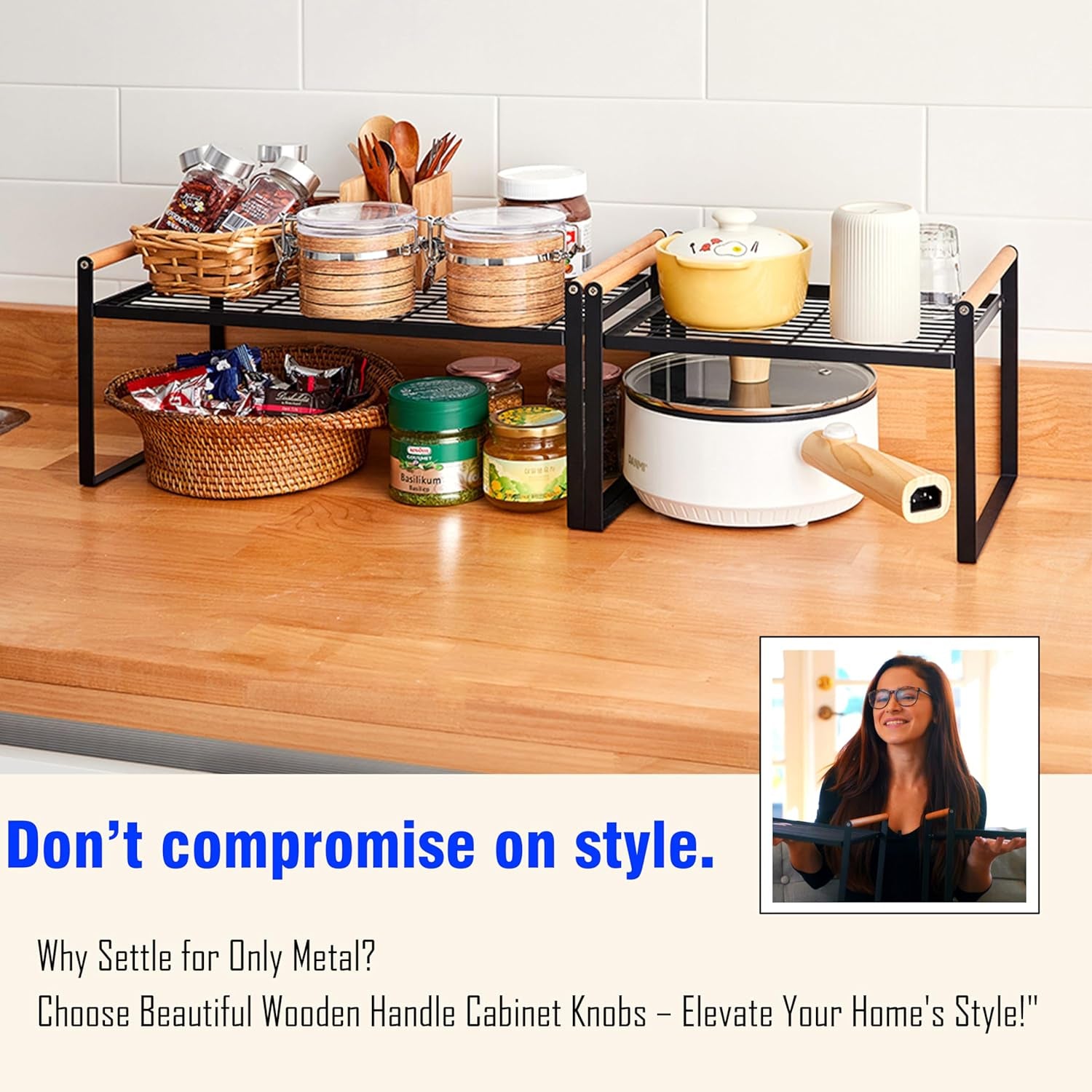 2-Pack Stackable Organizer Set-Versatile Storage Solution for Cabinets and Countertops-Kitchen and Pantry Shelf, Spice Rack - Space-Saving Design-Metal Wire-Black