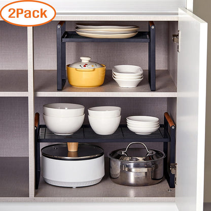 2-Pack Stackable Organizer Set-Versatile Storage Solution for Cabinets and Countertops-Kitchen and Pantry Shelf, Spice Rack - Space-Saving Design-Metal Wire-Black