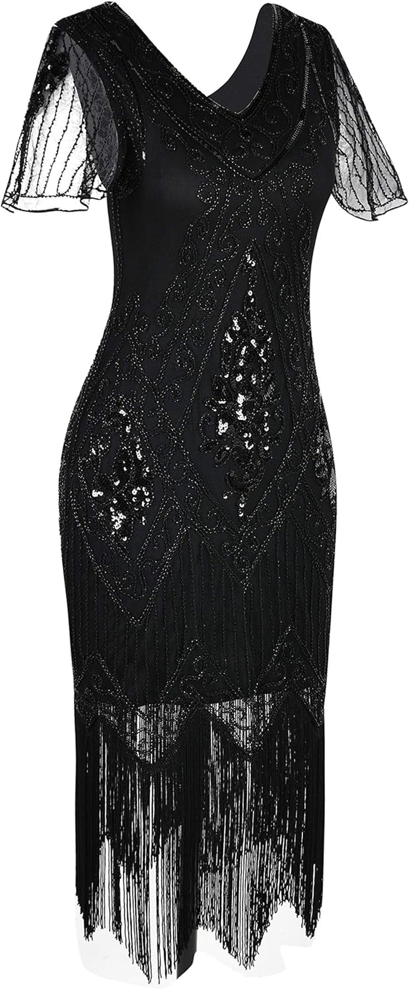 Women's 1920s Art Deco Sequined Flapper Cocktail Dress with Sleeves
