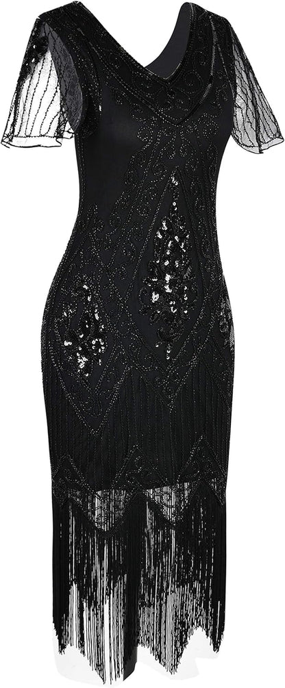 Women's 1920s Art Deco Sequined Flapper Cocktail Dress with Sleeves