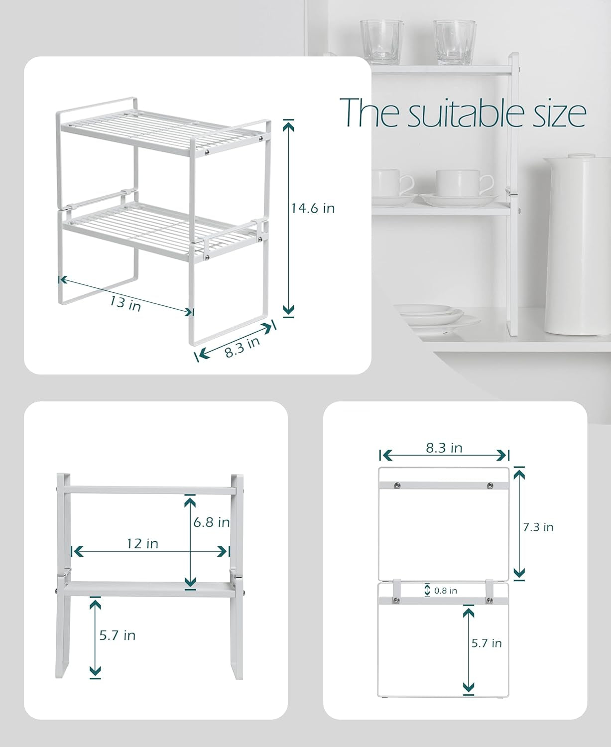 2-Pack Stackable Steel Frame Shelf Organizer for Kitchen Cabinets, Pantry, Bathroom, Bedroom, and Office - Rust-Resistant and Non-Slip Design in White