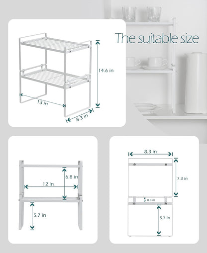 2-Pack Stackable Steel Frame Shelf Organizer for Kitchen Cabinets, Pantry, Bathroom, Bedroom, and Office - Rust-Resistant and Non-Slip Design in White