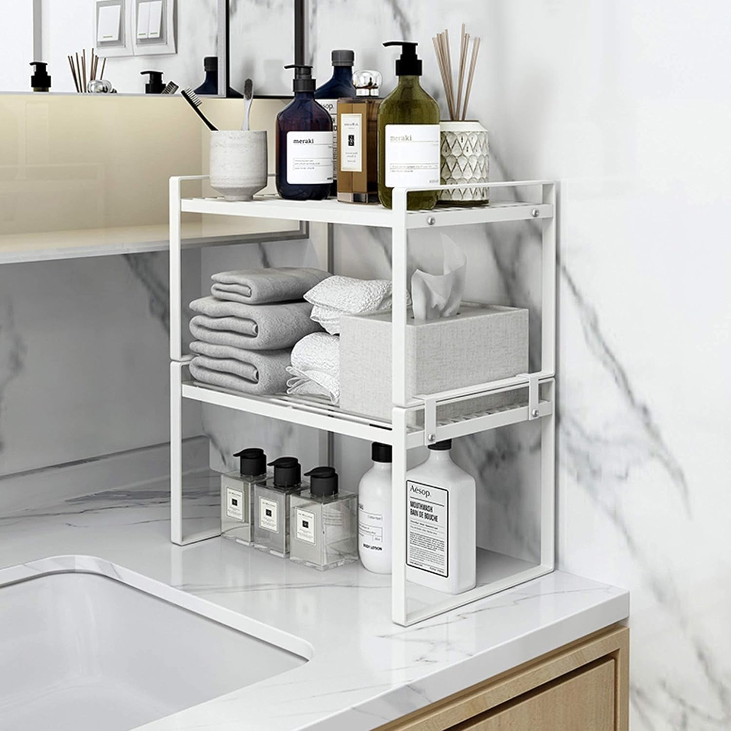 2-Pack Stackable Steel Frame Shelf Organizer for Kitchen Cabinets, Pantry, Bathroom, Bedroom, and Office - Rust-Resistant and Non-Slip Design in White
