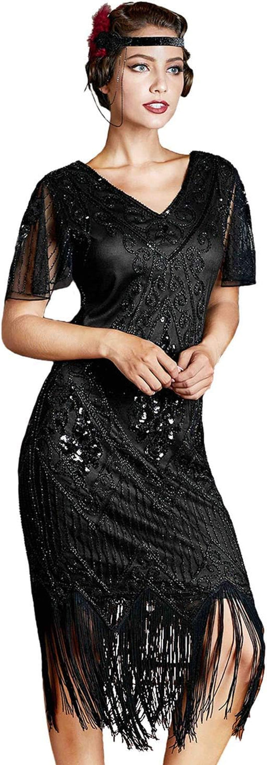 Women's 1920s Art Deco Sequined Flapper Cocktail Dress with Sleeves