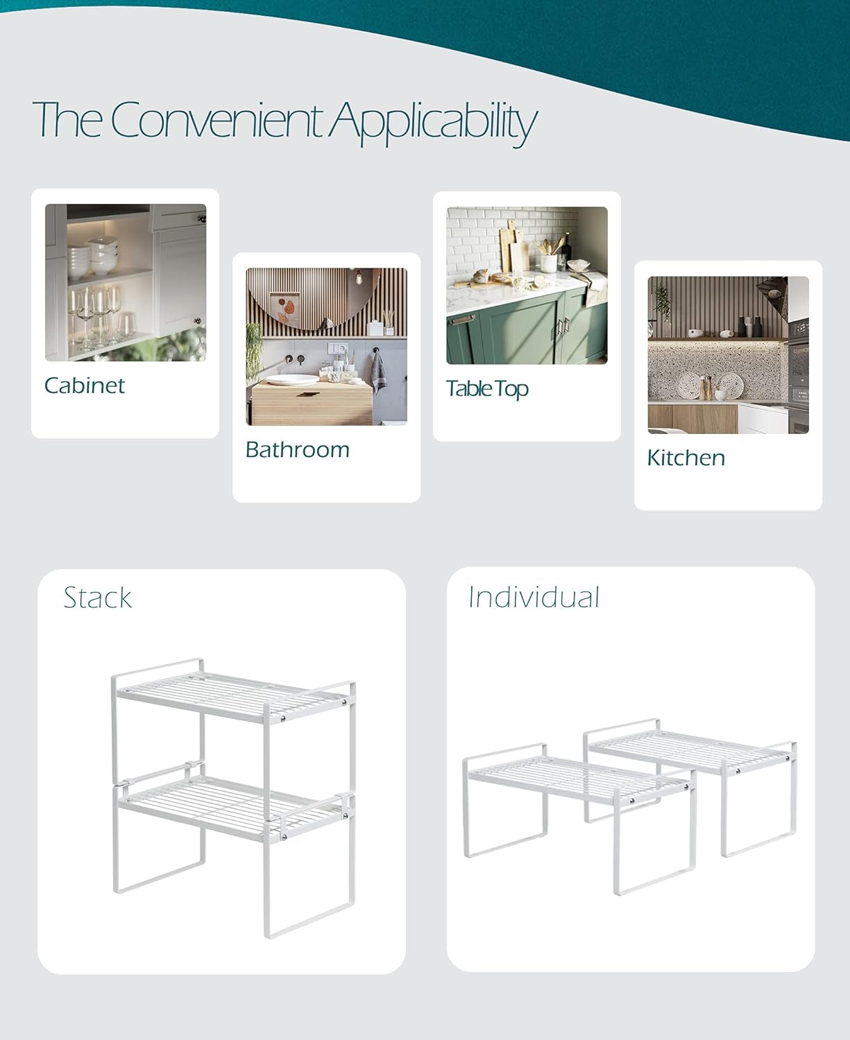 2-Pack Stackable Steel Frame Shelf Organizer for Kitchen Cabinets, Pantry, Bathroom, Bedroom, and Office - Rust-Resistant and Non-Slip Design in White