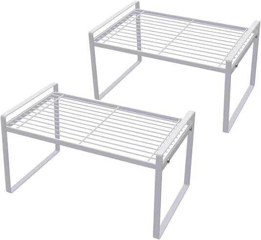 2-Pack Stackable Steel Frame Shelf Organizer for Kitchen Cabinets, Pantry, Bathroom, Bedroom, and Office - Rust-Resistant and Non-Slip Design in White