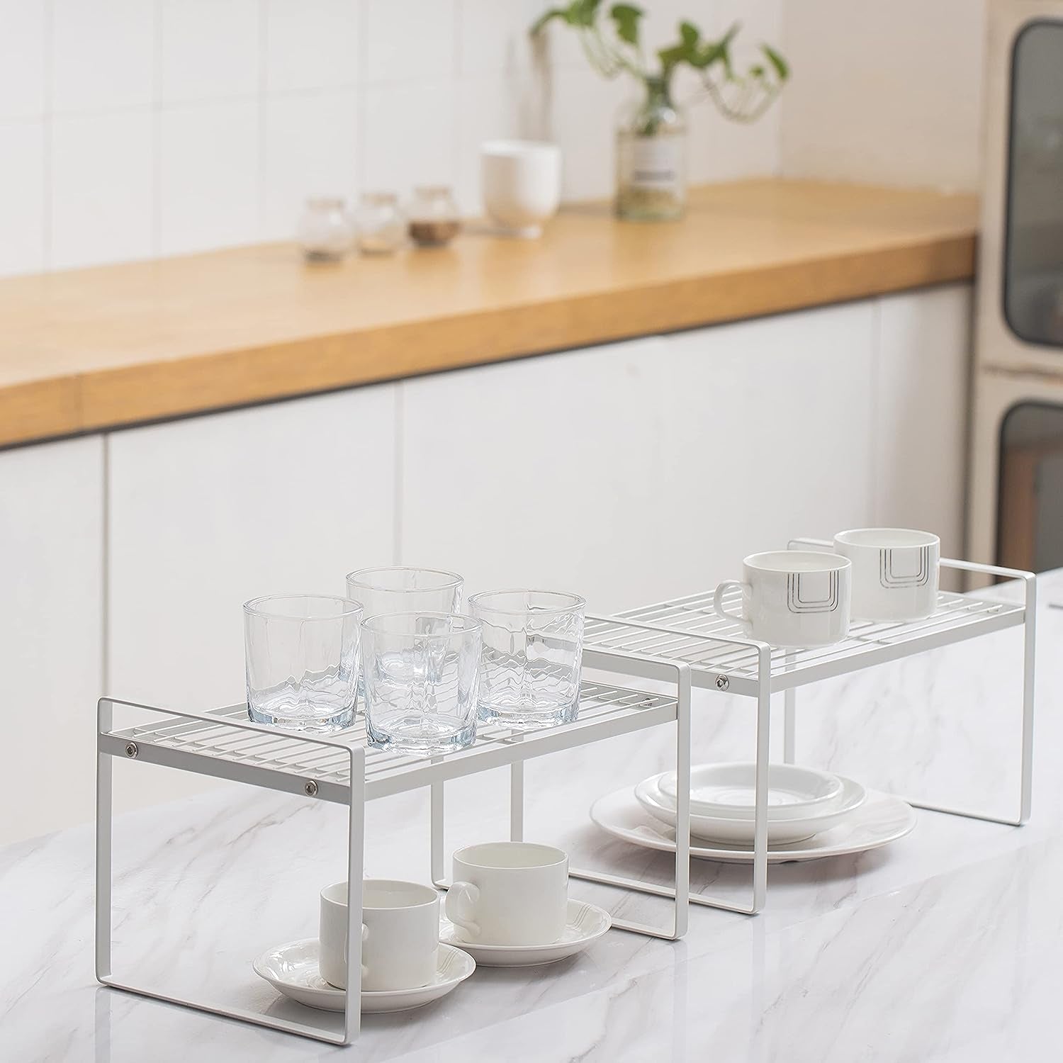 2-Pack Stackable Steel Frame Shelf Organizer for Kitchen Cabinets, Pantry, Bathroom, Bedroom, and Office - Rust-Resistant and Non-Slip Design in White