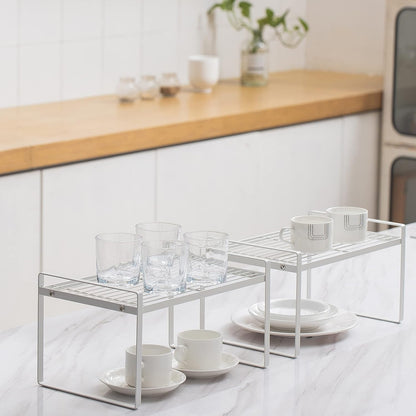 2-Pack Stackable Steel Frame Shelf Organizer for Kitchen Cabinets, Pantry, Bathroom, Bedroom, and Office - Rust-Resistant and Non-Slip Design in White