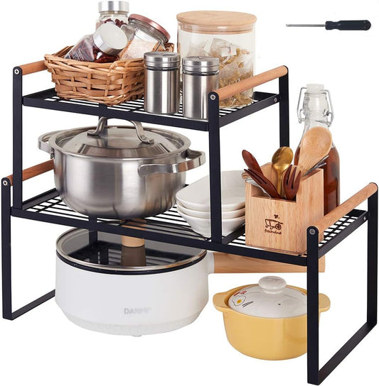 2-Pack Stackable Organizer Set-Versatile Storage Solution for Cabinets and Countertops-Kitchen and Pantry Shelf, Spice Rack - Space-Saving Design-Metal Wire-Black