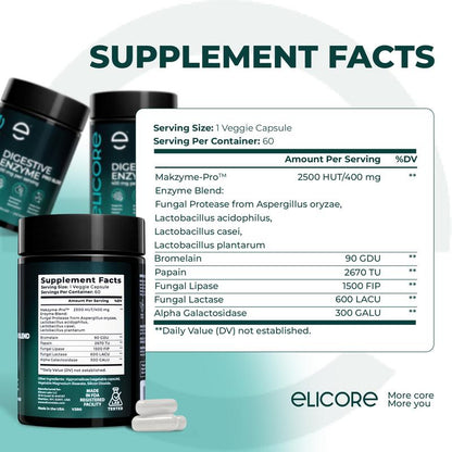 ELICORE Digestive Enzyme Pro Blend – Gut Health Support with Bromelain & Papaya Enzyme – Relieves Gas & Bloating – Gluten-Free – 60 Veg Capsules