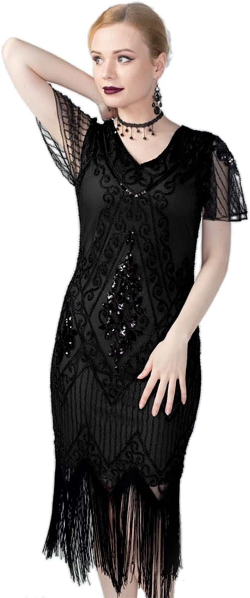 Women's 1920s Art Deco Sequined Flapper Cocktail Dress with Sleeves
