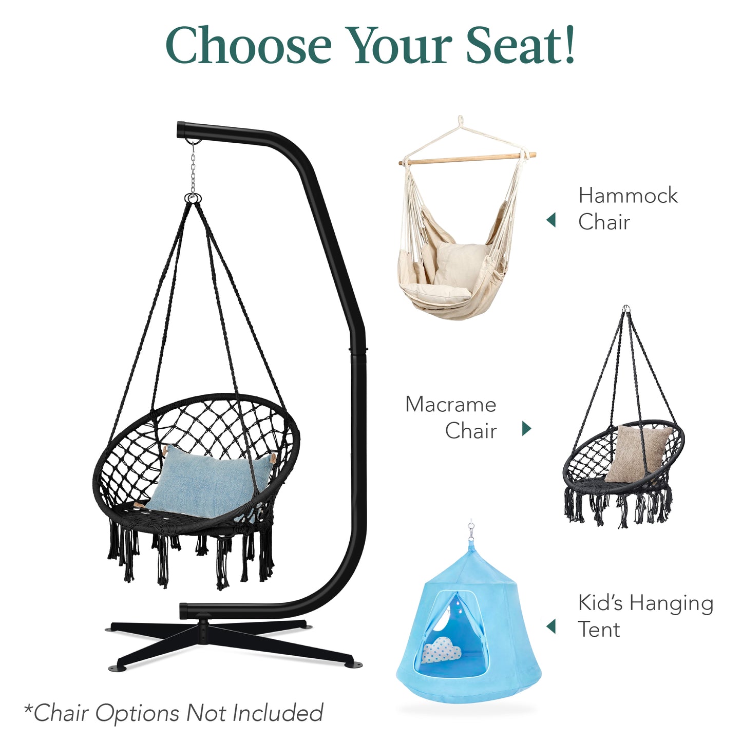 Metal Hammock Chair C-Stand – Heavy-Duty Hanging Stand with Offset Base, Weather-Resistant Finish, Black (Stand Only)