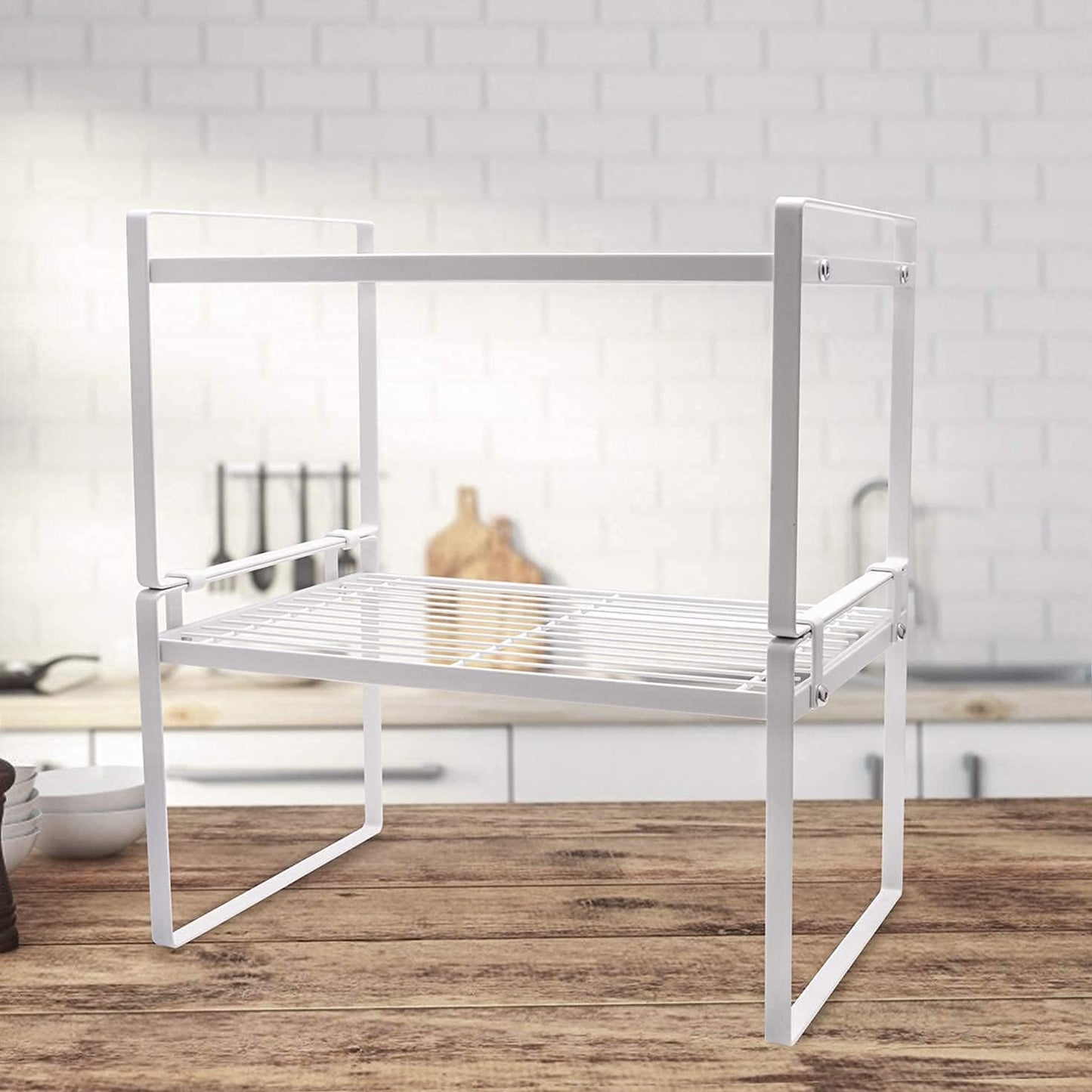 2-Pack Stackable Steel Frame Shelf Organizer for Kitchen Cabinets, Pantry, Bathroom, Bedroom, and Office - Rust-Resistant and Non-Slip Design in White