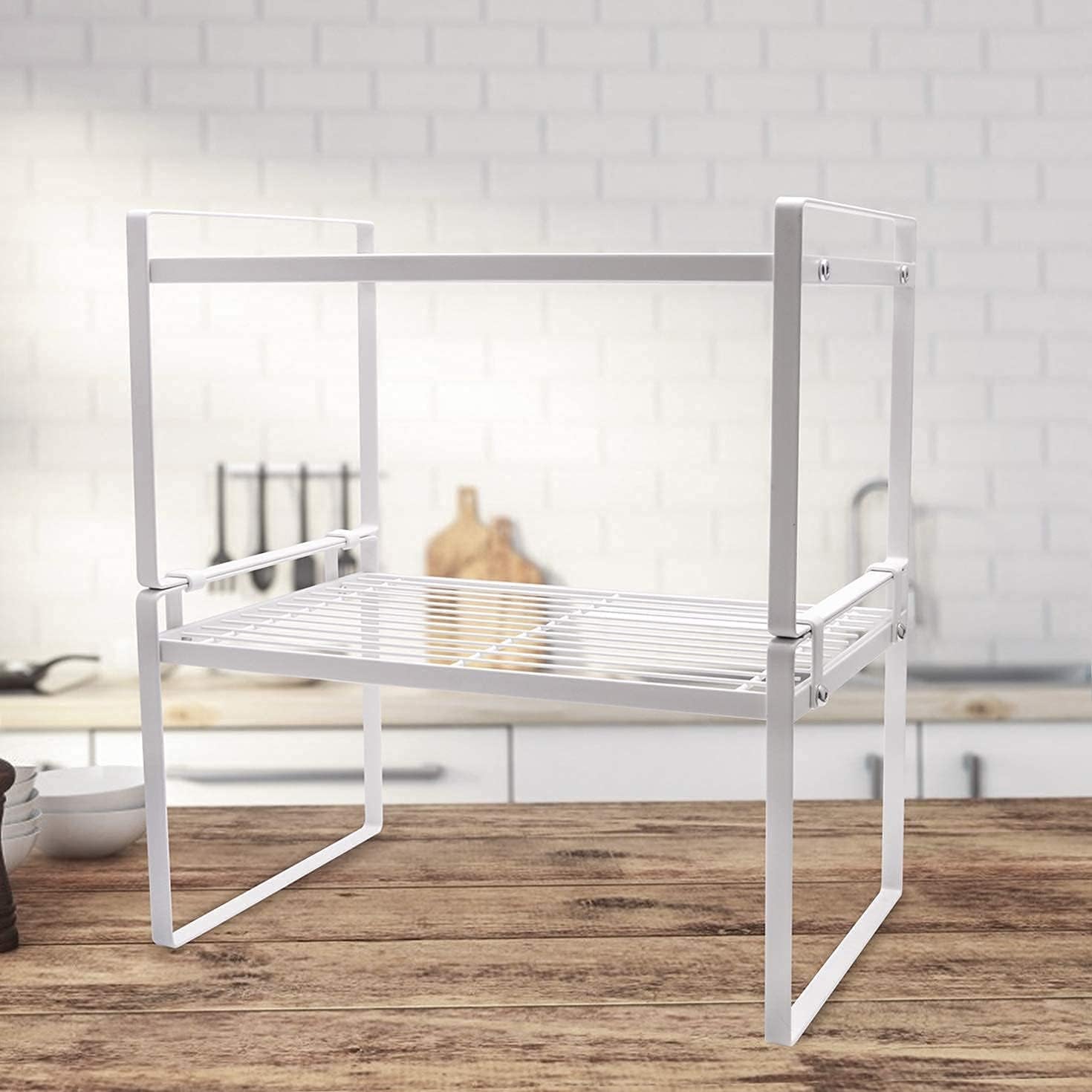 2-Pack Stackable Steel Frame Shelf Organizer for Kitchen Cabinets, Pantry, Bathroom, Bedroom, and Office - Rust-Resistant and Non-Slip Design in White