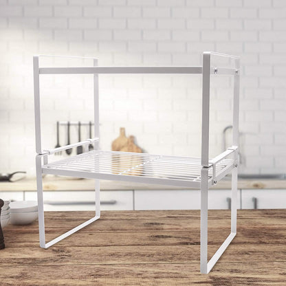 2-Pack Stackable Steel Frame Shelf Organizer for Kitchen Cabinets, Pantry, Bathroom, Bedroom, and Office - Rust-Resistant and Non-Slip Design in White