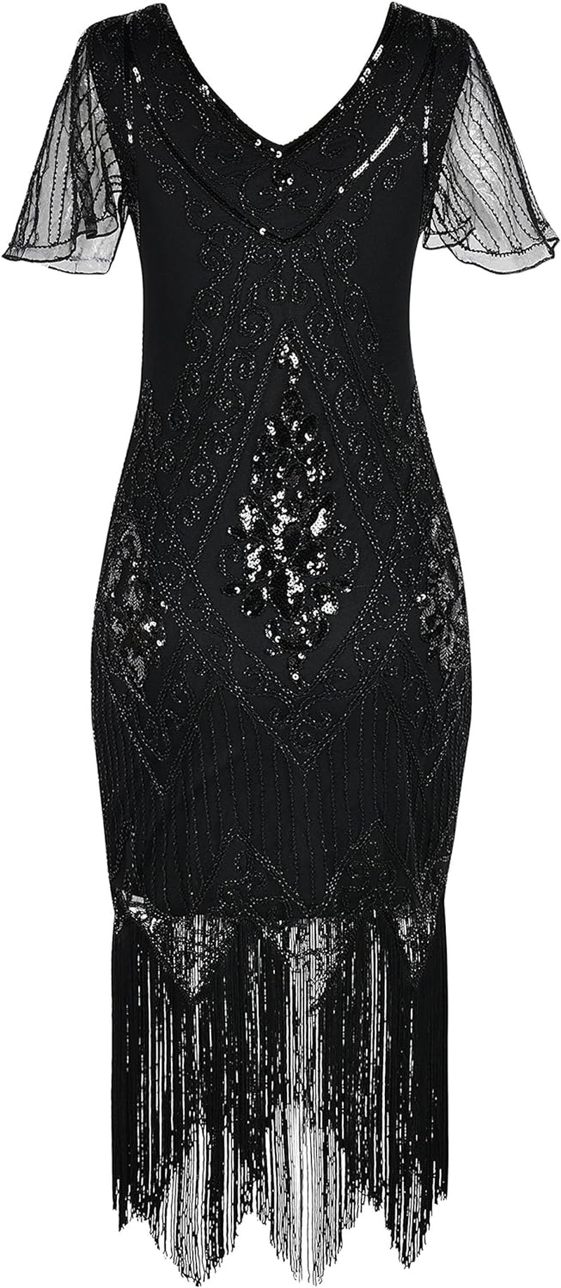 Women's 1920s Art Deco Sequined Flapper Cocktail Dress with Sleeves