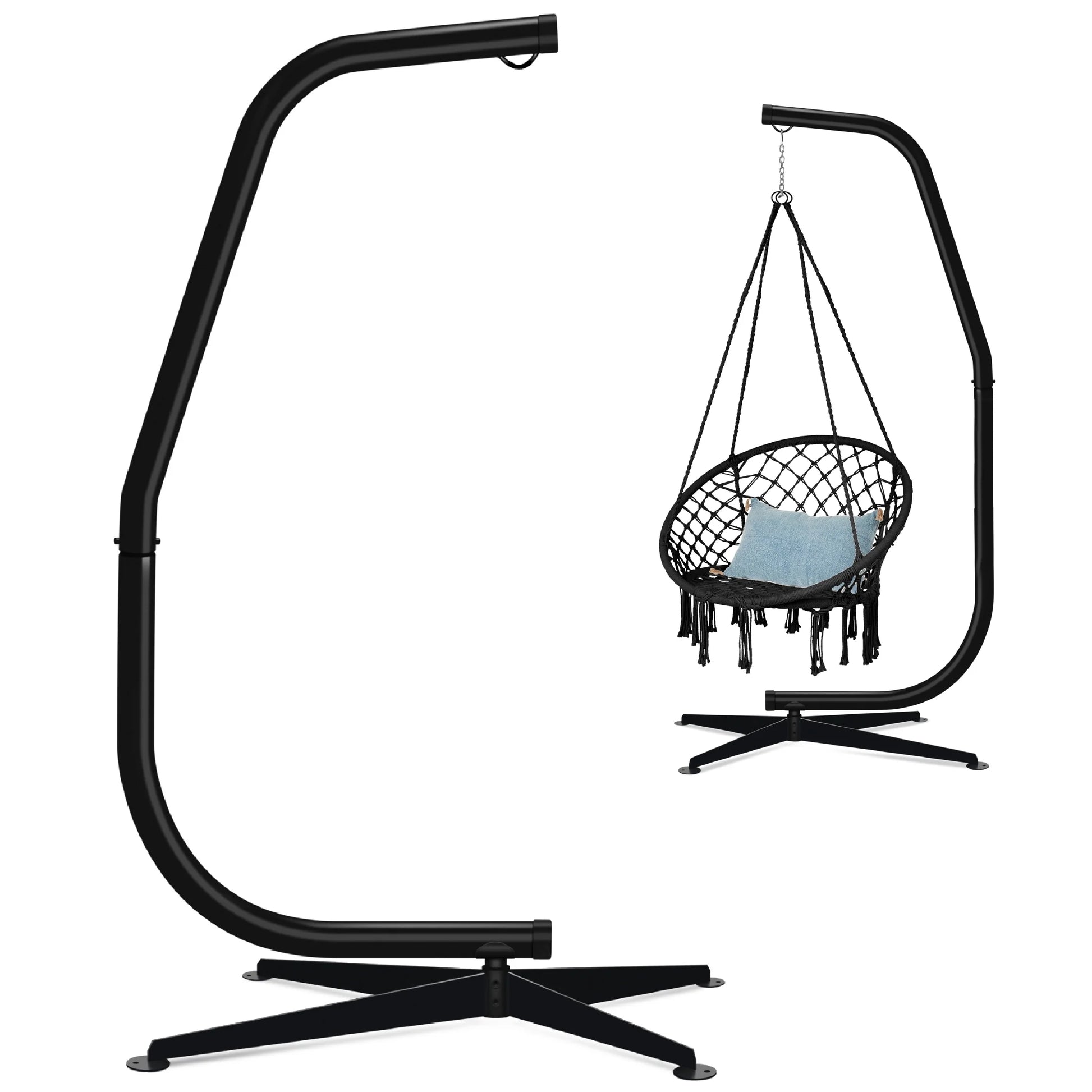 Metal Hammock Chair C-Stand – Heavy-Duty Hanging Stand with Offset Base, Weather-Resistant Finish, Black (Stand Only)