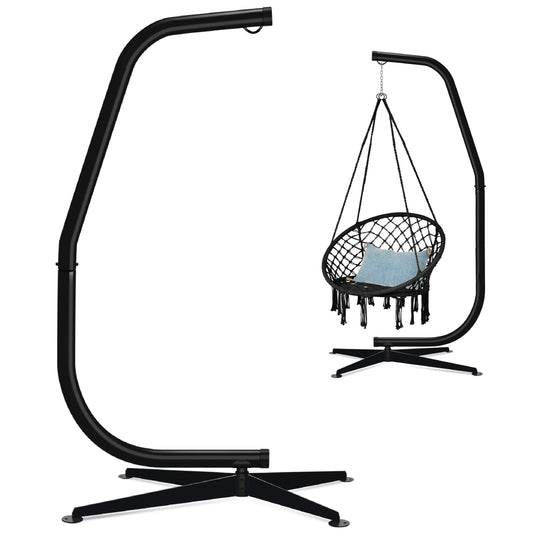 Metal Hammock Chair C-Stand – Heavy-Duty Hanging Stand with Offset Base, Weather-Resistant Finish, Black (Stand Only)