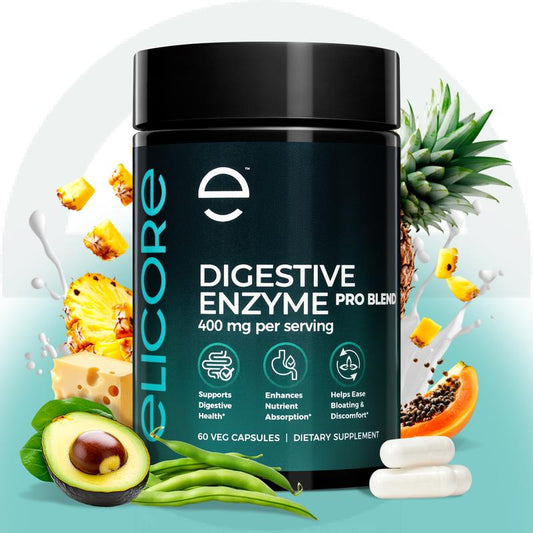 ELICORE Digestive Enzyme Pro Blend – Gut Health Support with Bromelain & Papaya Enzyme – Relieves Gas & Bloating – Gluten-Free – 60 Veg Capsules
